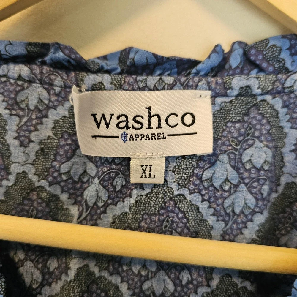 Washco‎ Blue Cotton Ruffle Long Sleeve Folk Blouse Heritage Floral Size XL - Picture 7 of 9